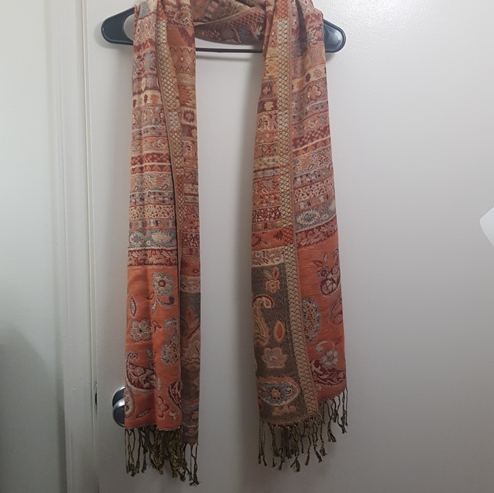 Orange and Silver Paisley Pashmina Scarf - Picture 7 of 7